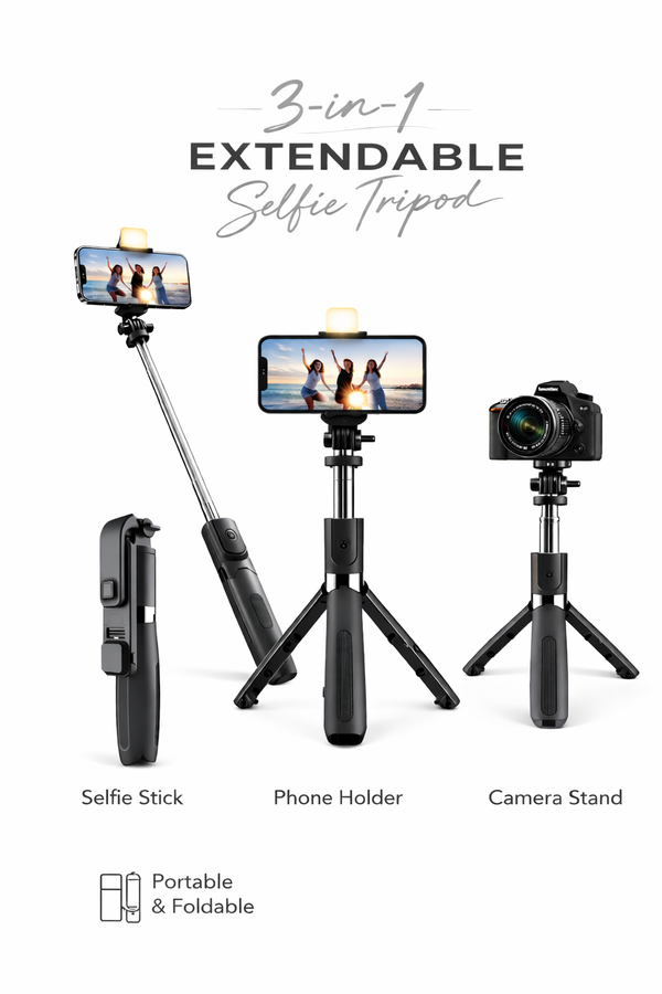 Extendable Flash 3-in-1 Selfie Stick Tripod with Bluetooth Remote